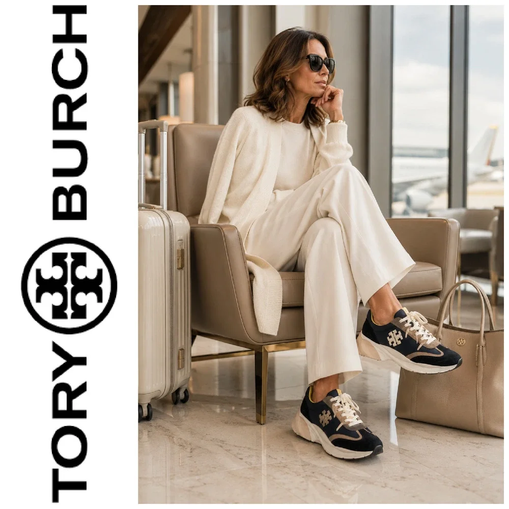 Tory Burch Good Luck Trainer Sneakers Black Leather Suede Nylon Women's Sz 12